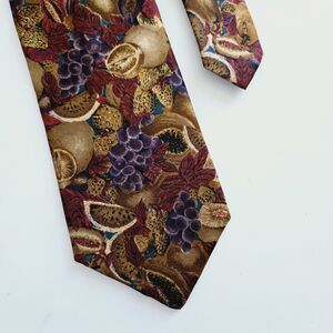 Vintage Lands End Silk Tie Red Gold Fruit Print Cocktail Party Holiday Retro USA